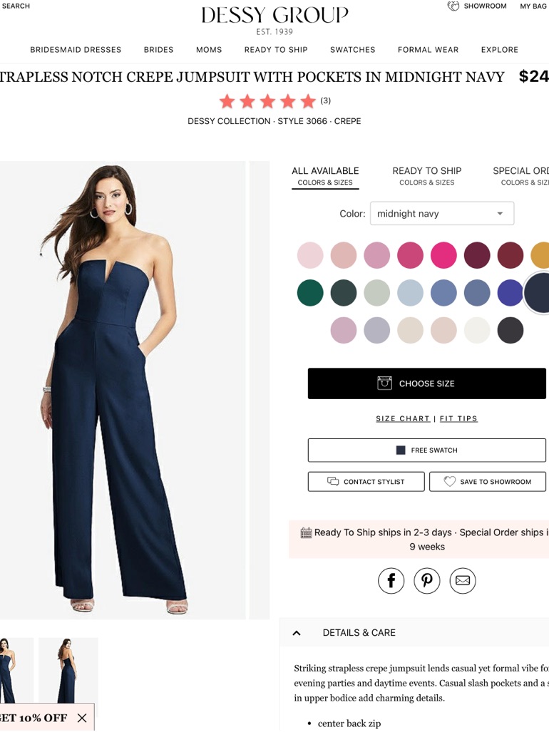 Dessy Collection Midnight Navy Strapless Notch Crepe Jumpsuit With Pockets